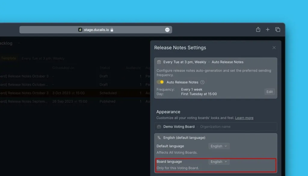 Настройка языка Доски