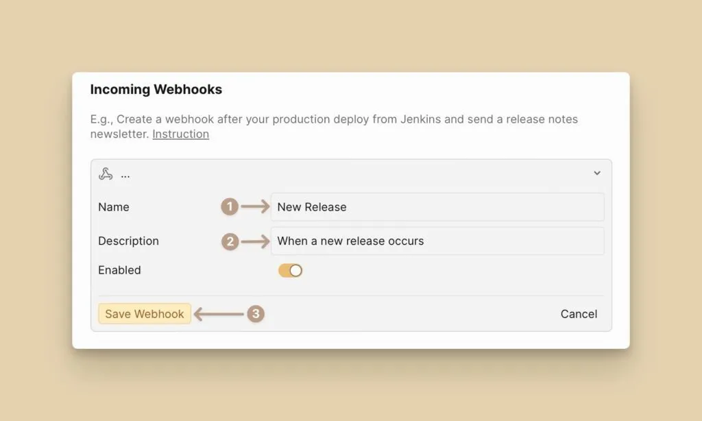 Форма названия и описания вебхука