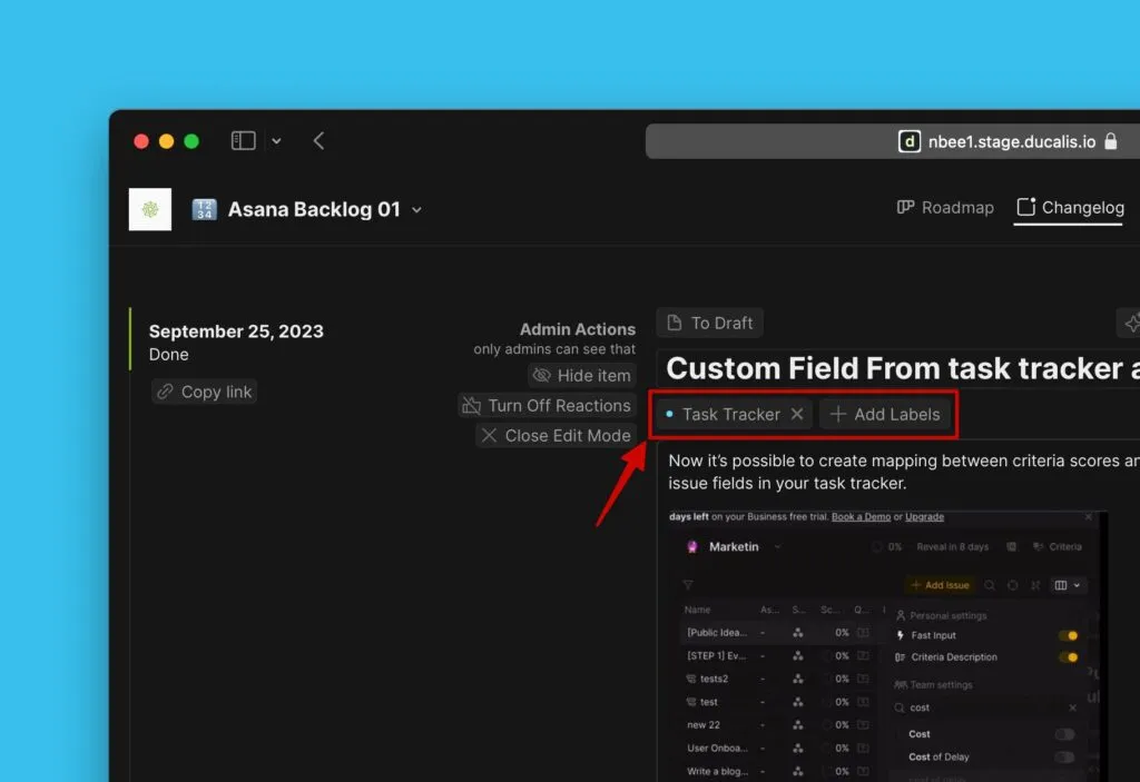 Интерфейс редактирования меток