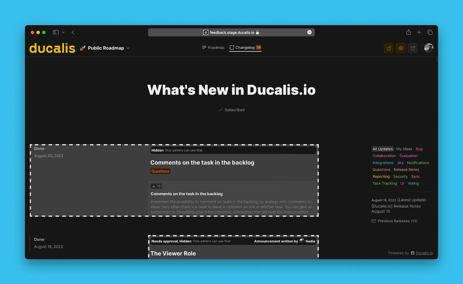 Представление Админа Ченджлога со скрытыми анонсами