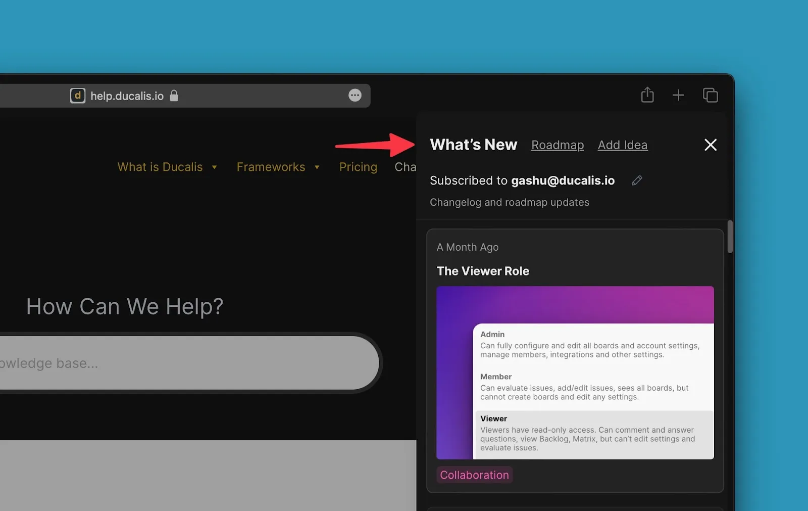 Виджет Ченджлога встроен в продукт
