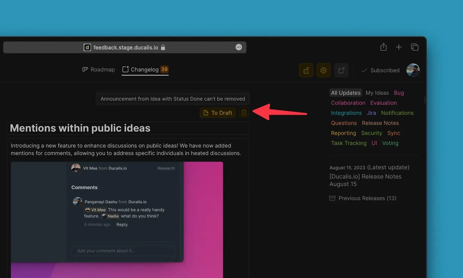 Невозможно удалить анонс для Идеи в статусе Готово