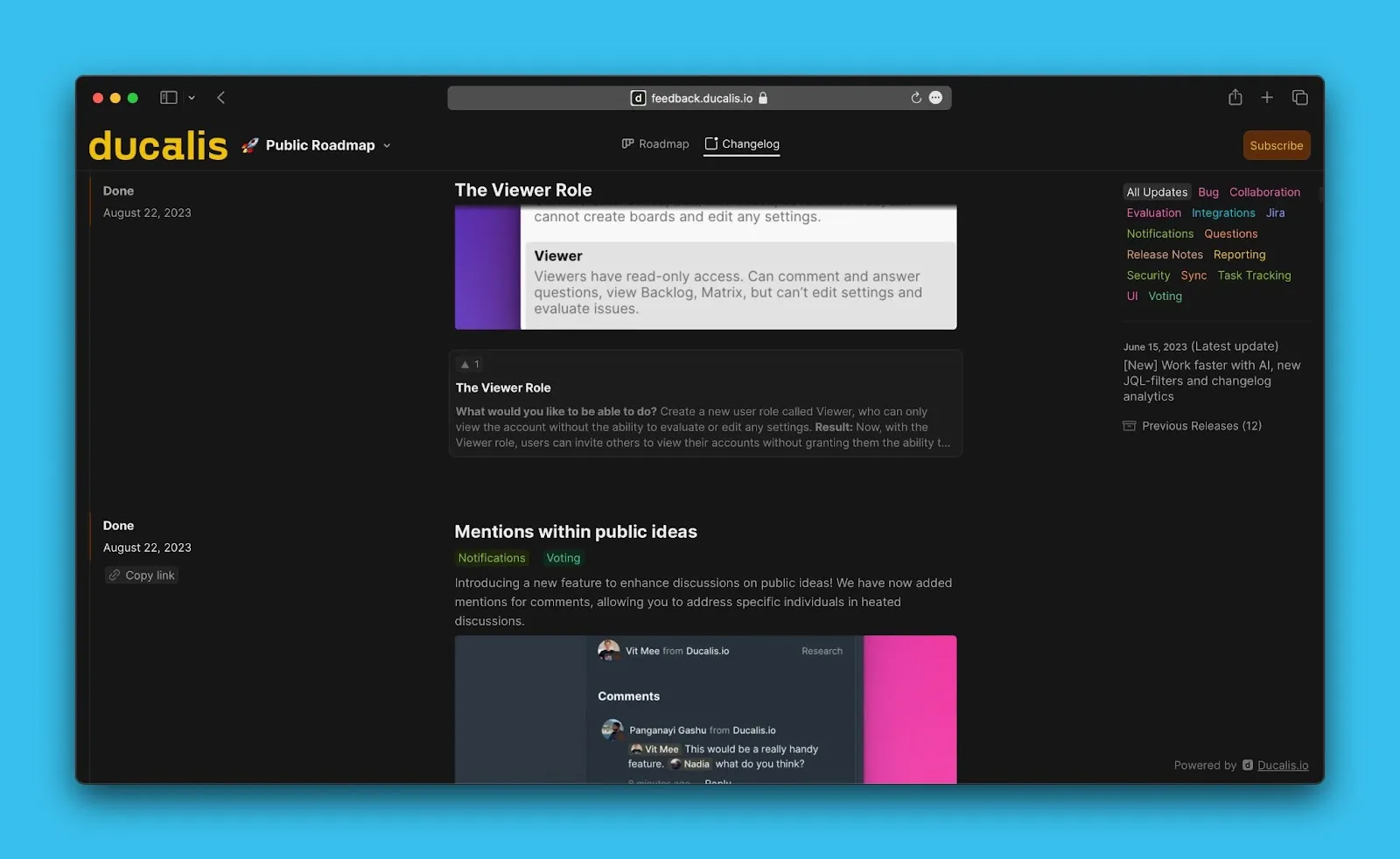 Список анонсов на странице Ченджлога