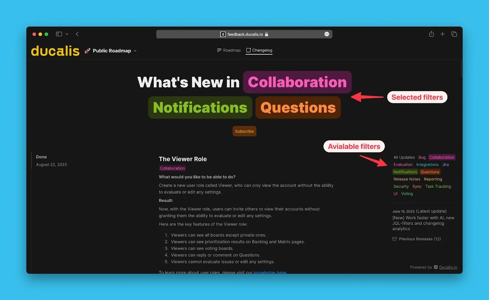 Панель фильтров на странице Ченджлога