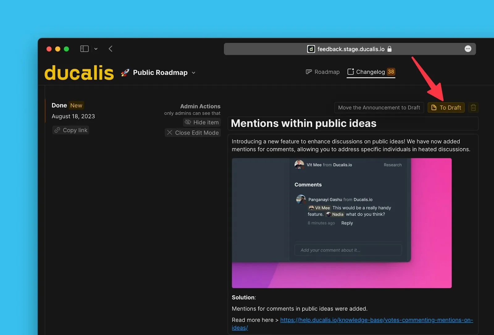 Опция переместить в черновик