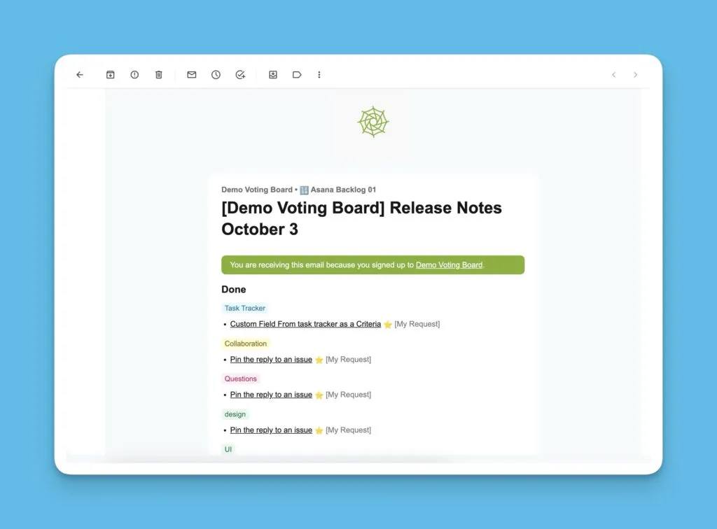 Пример email с автоматическим релиз ноутсом