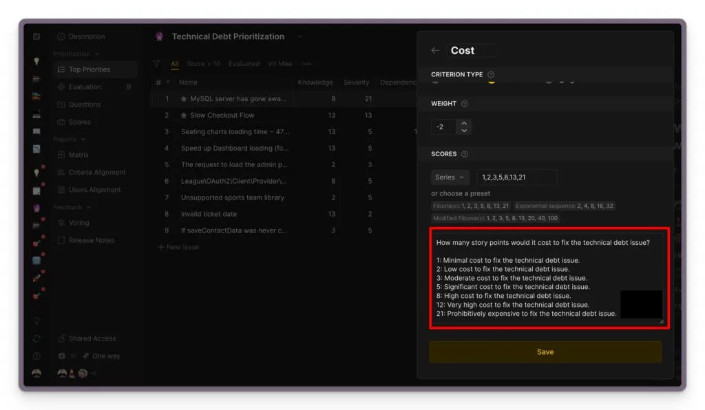 Легко персонализировать описания критериев для вашей команды на prioplan.app