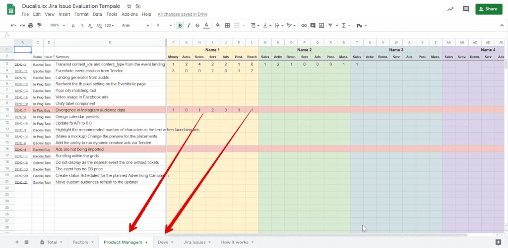 Переименуйте вкладки команд в таблице