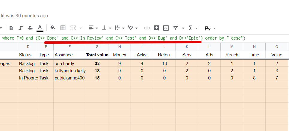 Фильтр статусов в формуле