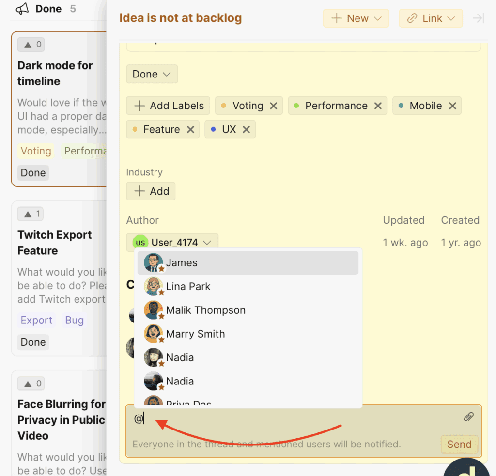 Использование @упоминания в комментарии
