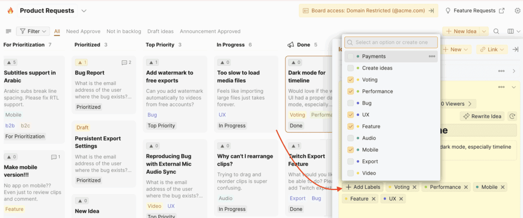 Метки в настройках Доски идей