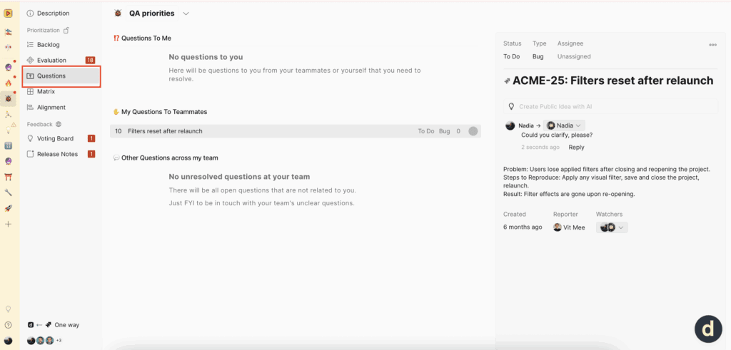 Вкладка «Вопросы», показывающая все обсуждения