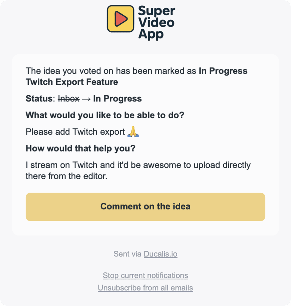 Email-уведомление об изменении статуса Идеи