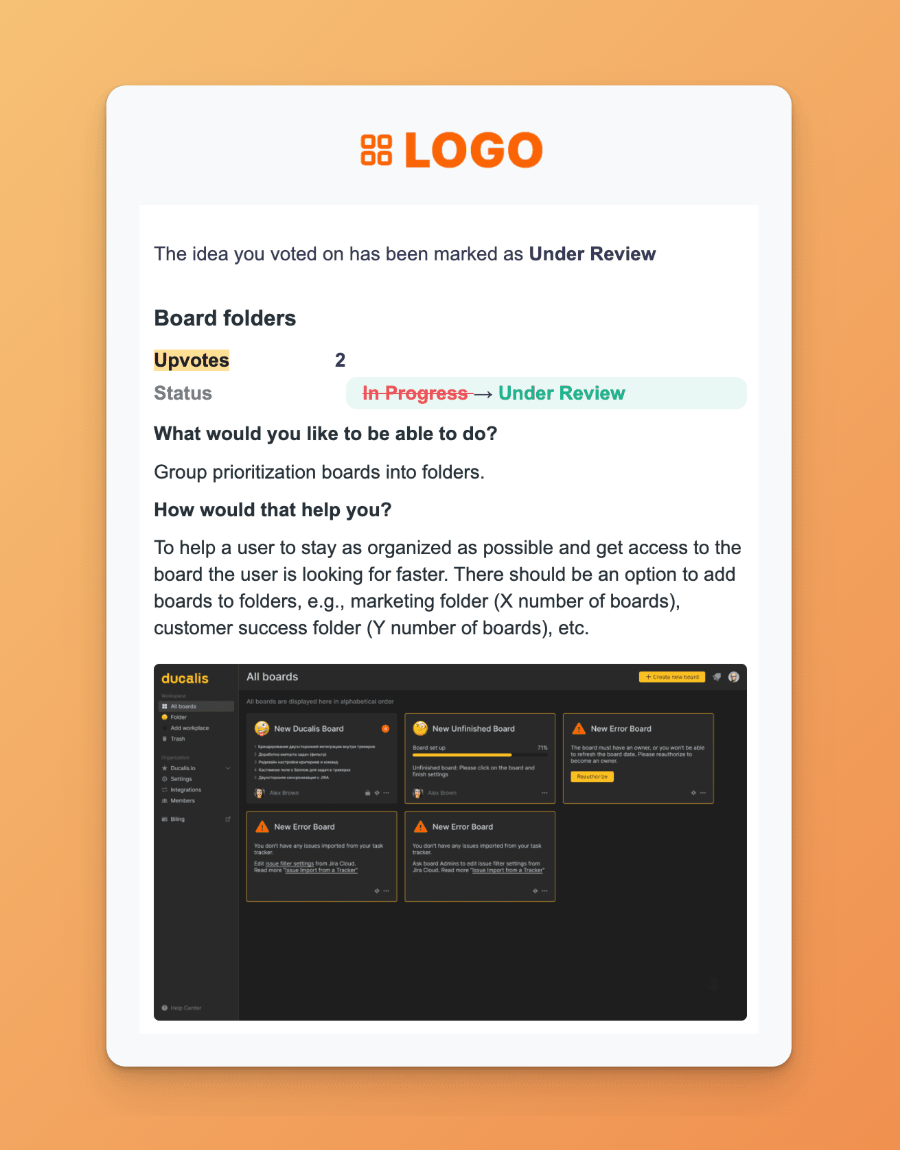 Пример email с обновлением статуса