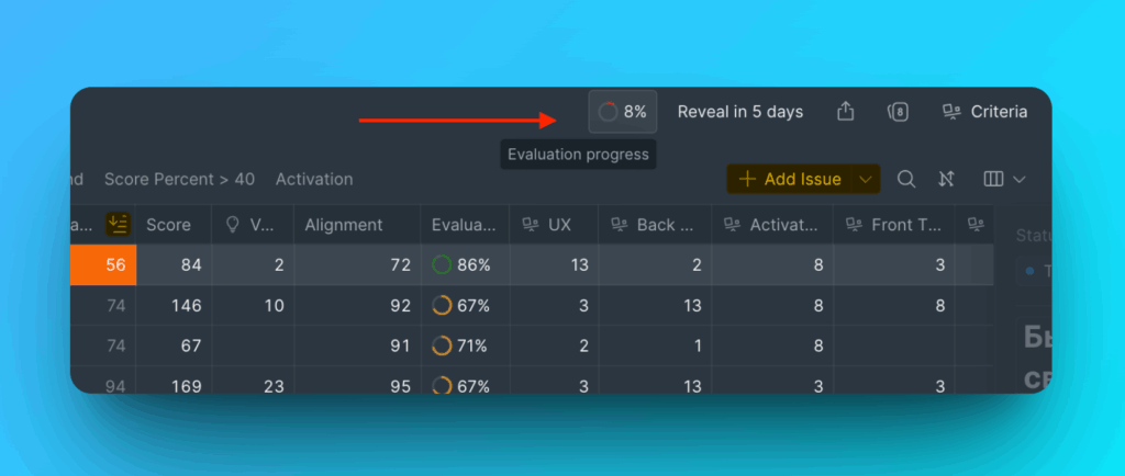 Опция меню Прогресс оценки