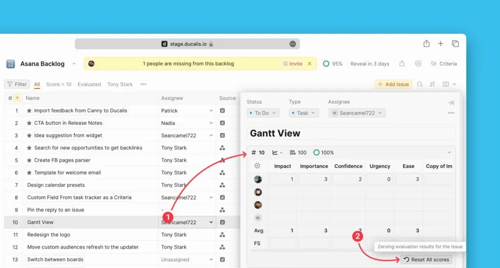 Кнопка сброса всех оценок в блоке Переоценка карточки Задачи