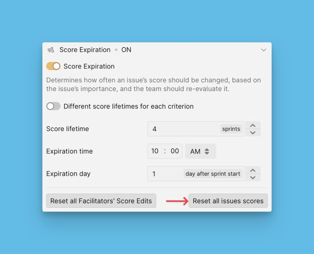 Кнопка сброса оценок всех задач в настройках протухания приоритетов