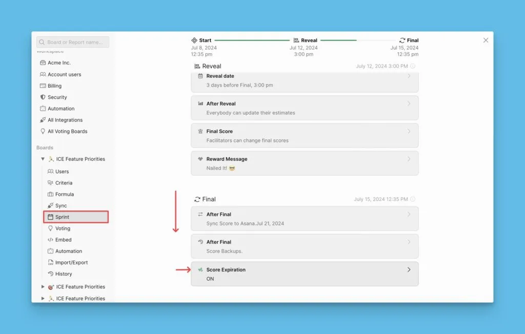 Раздел Финал в настройках планирования спринтов