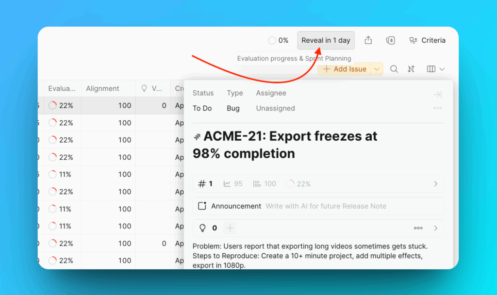 Расположение меню Evaluation Progress & Sprint Settings