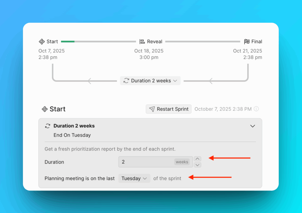 Настройки длительности спринта и дня начала