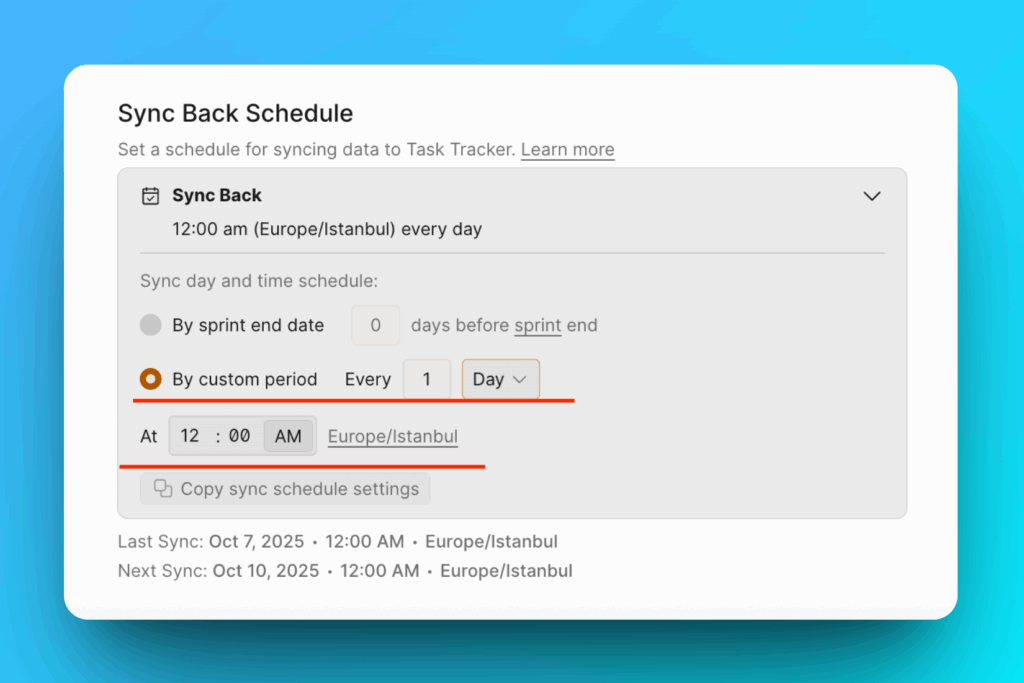 Настройки обратного синка по кастомному периоду