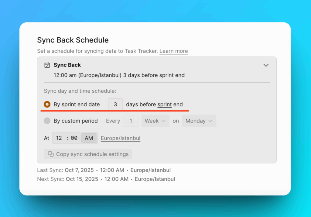 Настройки обратного синка по дате окончания спринта