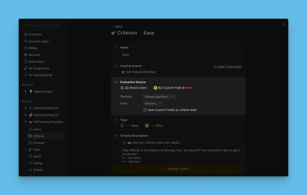 Интерфейс настройки кастомных полей