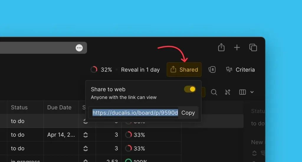 Интерфейс совместного доступа к доске с опциями ссылок