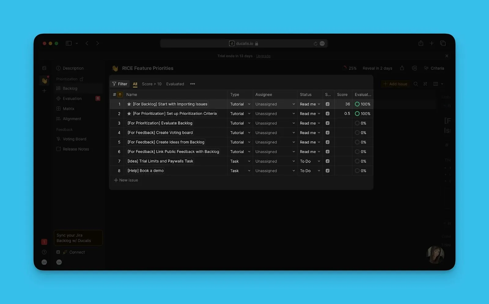 Примеры задач, отображаемые на новой доске приоритизации
