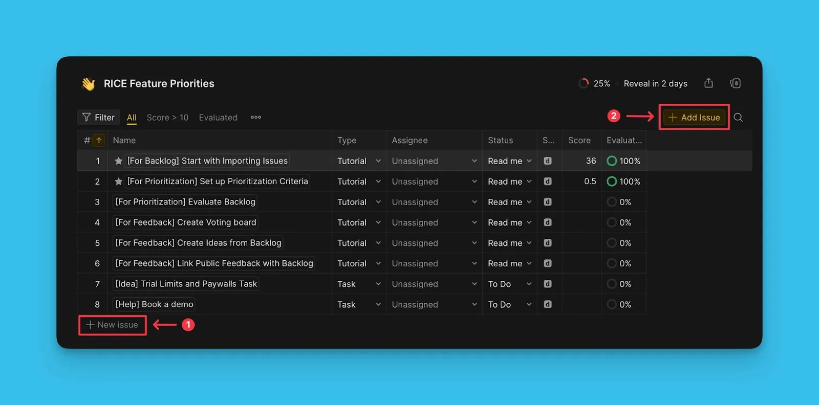 Кнопка добавления новой задачи выделена в интерфейсе доски приоритизации
