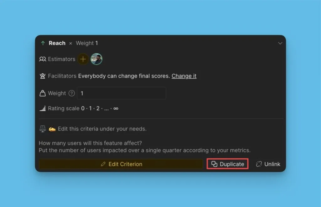 Кнопка дублирования критерия