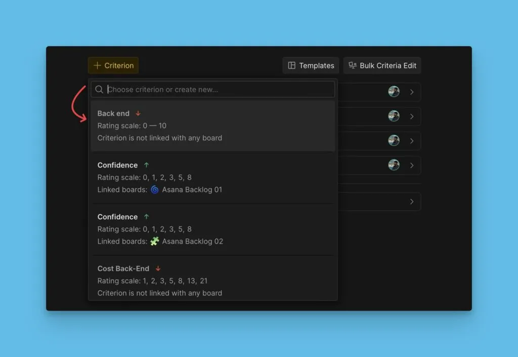 Список выбора критерия