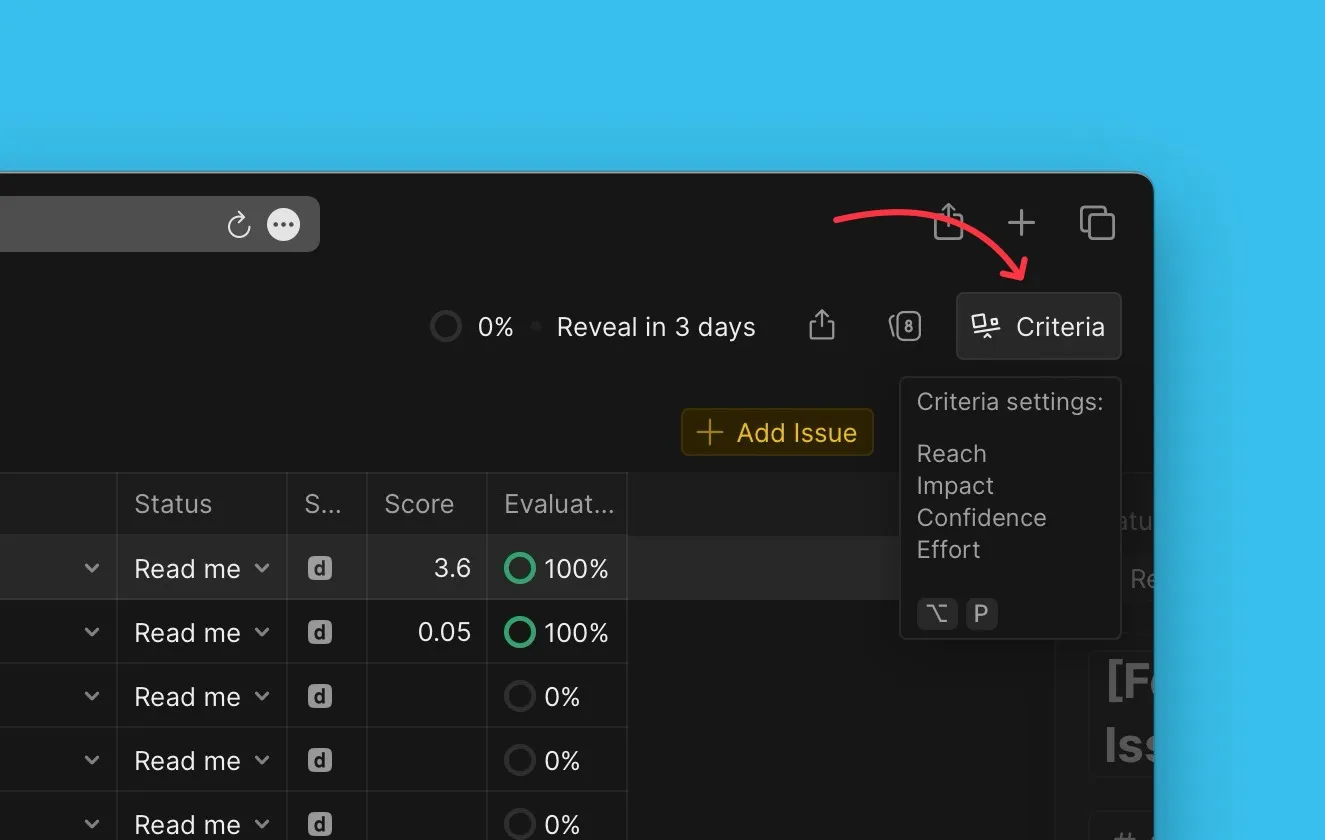 Меню настроек критериев