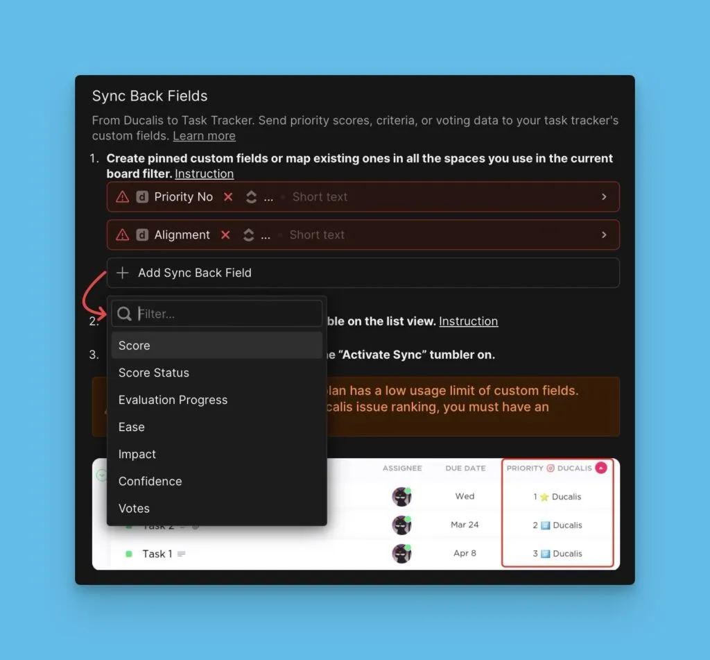 Выпадающее меню добавления полей