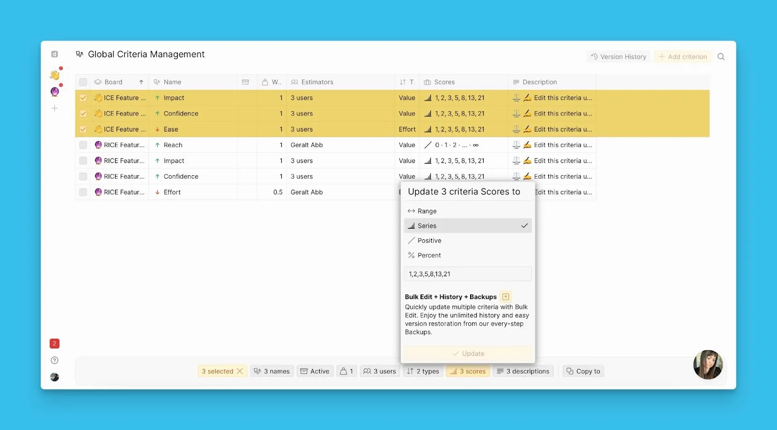 Интерфейс глобального управления Критериями