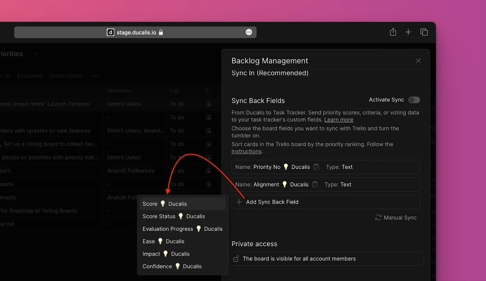 Диалог Add Sync Back Fields