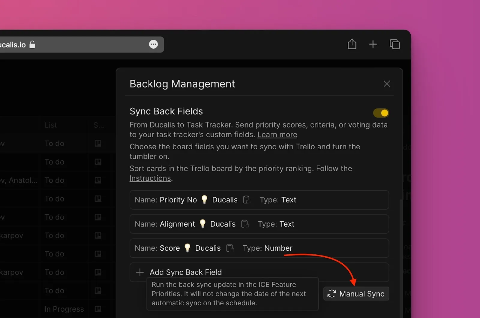 Кнопка Manual Sync-Back