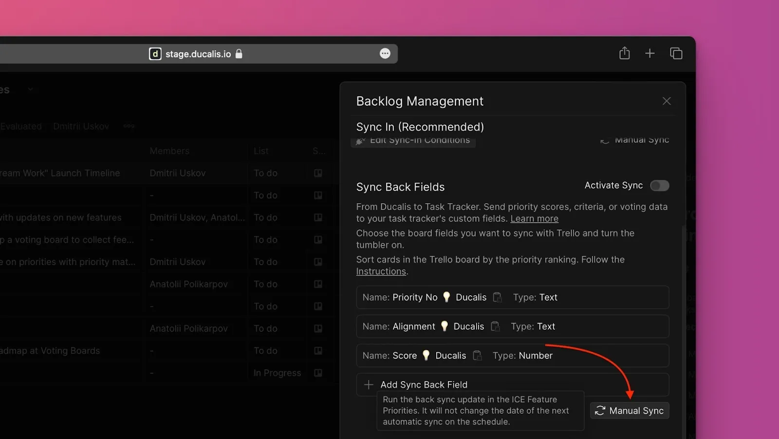 Кнопка Manual Sync-Back