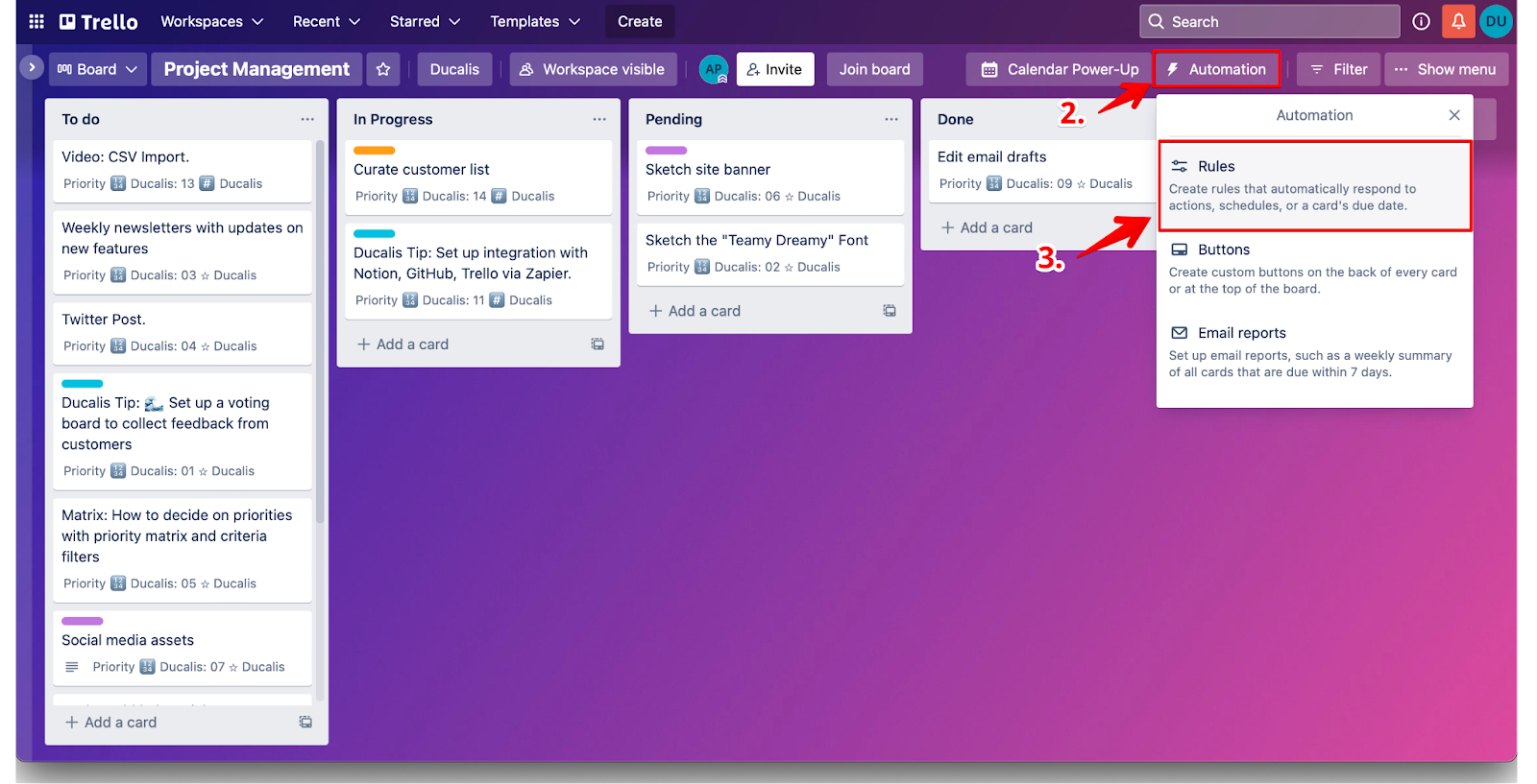Меню автоматизации