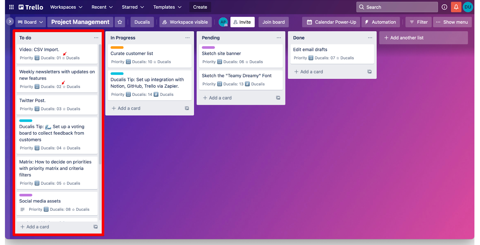 Карточки, отсортированные по приоритету
