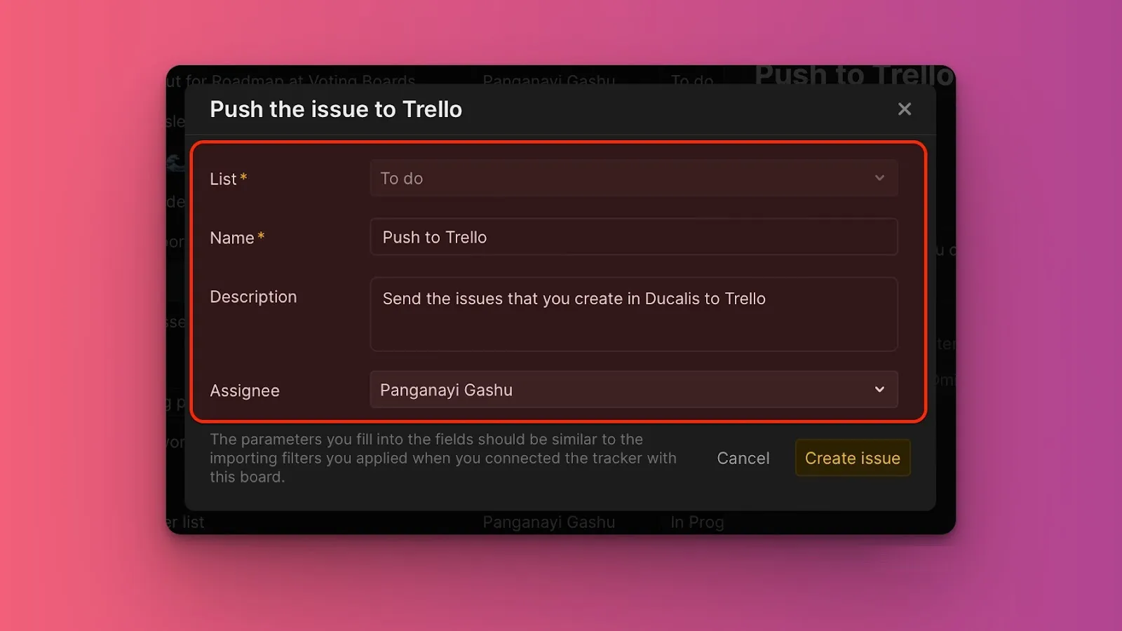 Диалог отправки в Trello с настройками карточки