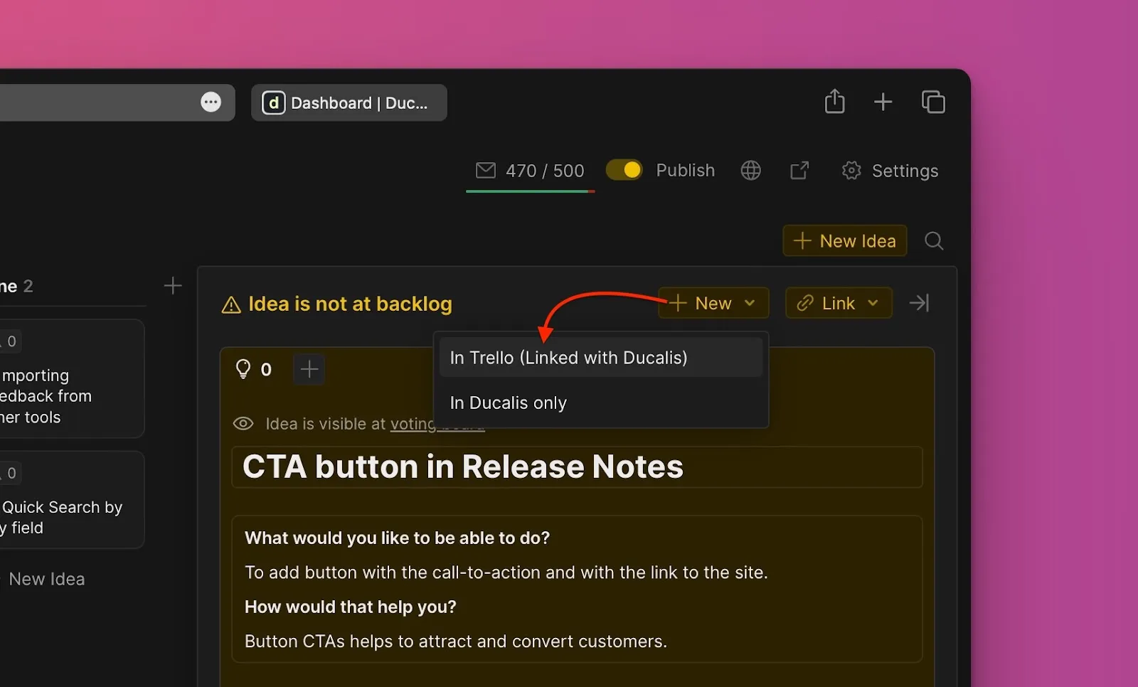 Опция создания в Trello из карточки Идеи