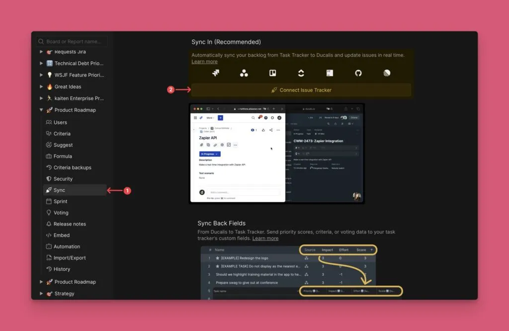 Кнопка Connect Issue Tracker в настройках Sync
