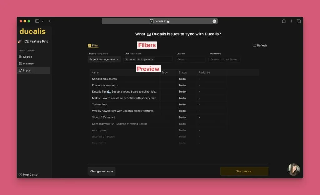 Опции фильтров для импорта карточек