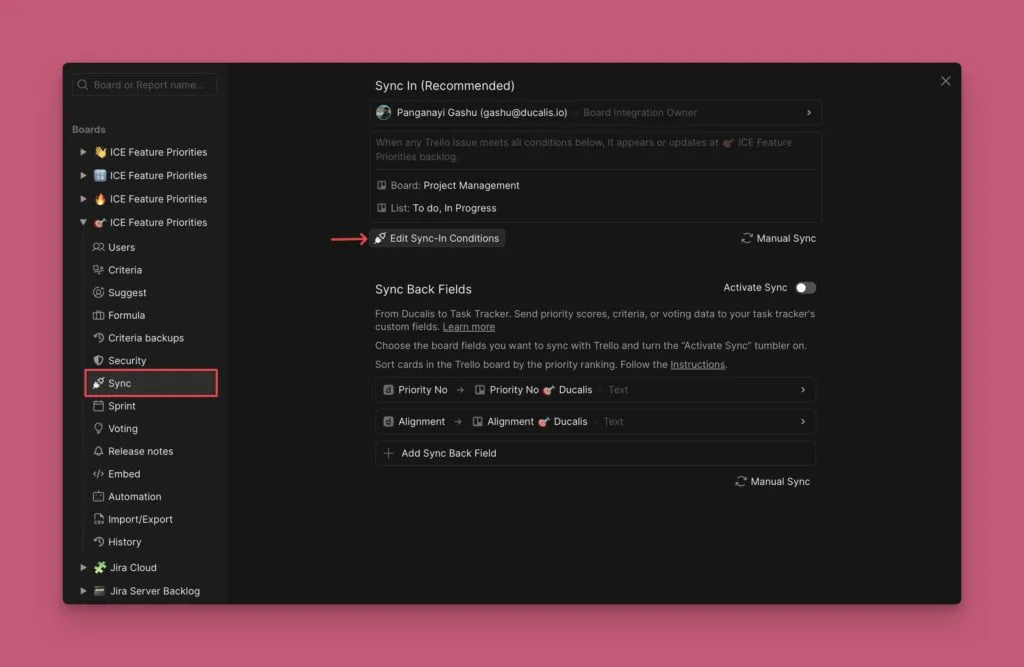 Кнопка Edit Sync-In Conditions