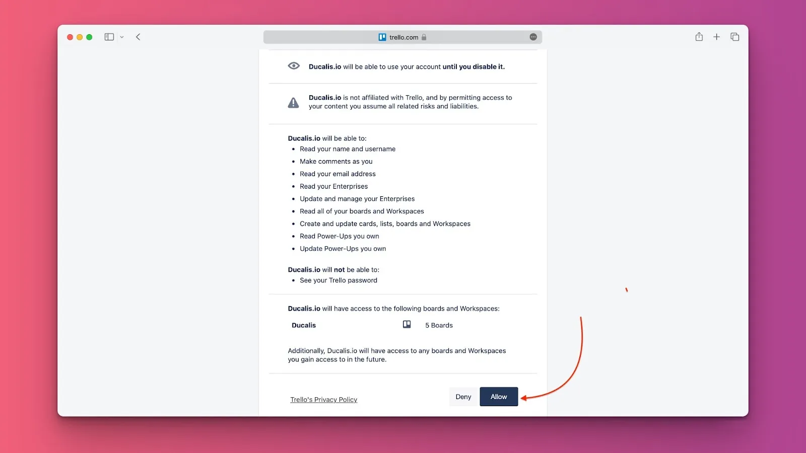 Экран авторизации Trello
