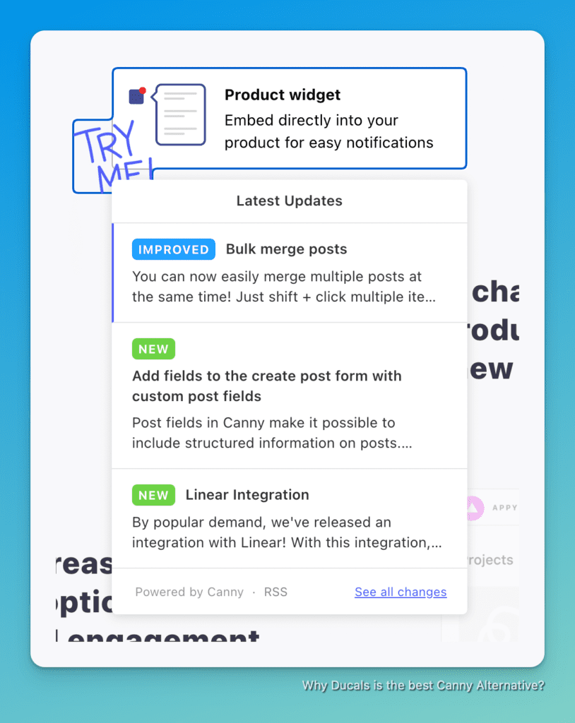 Редактор ченджлога Canny, показывающий интерфейс в стиле блога