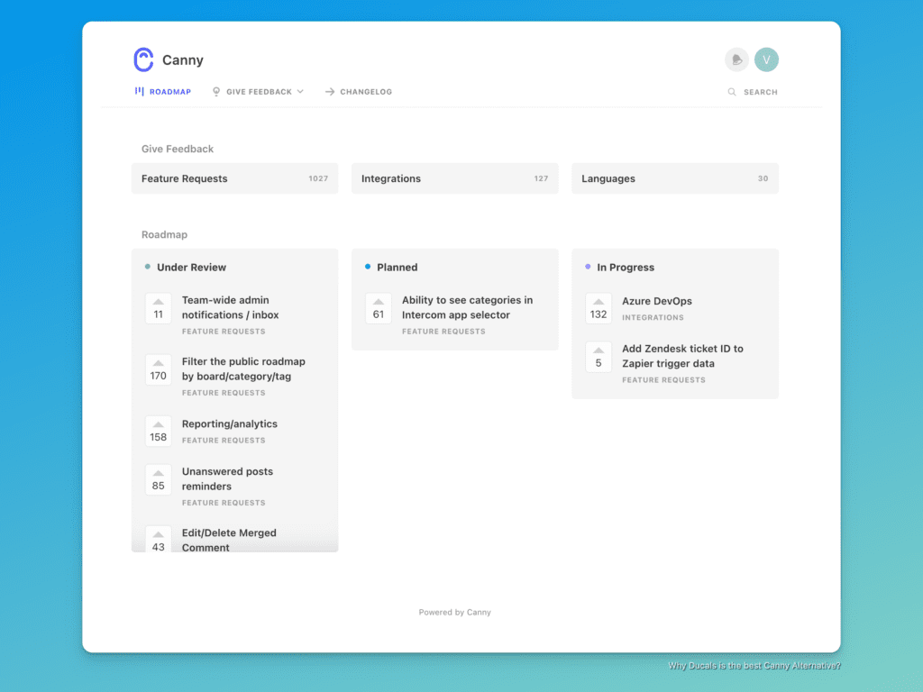Интерфейс роадмапа Canny с множественными вариантами навигации
