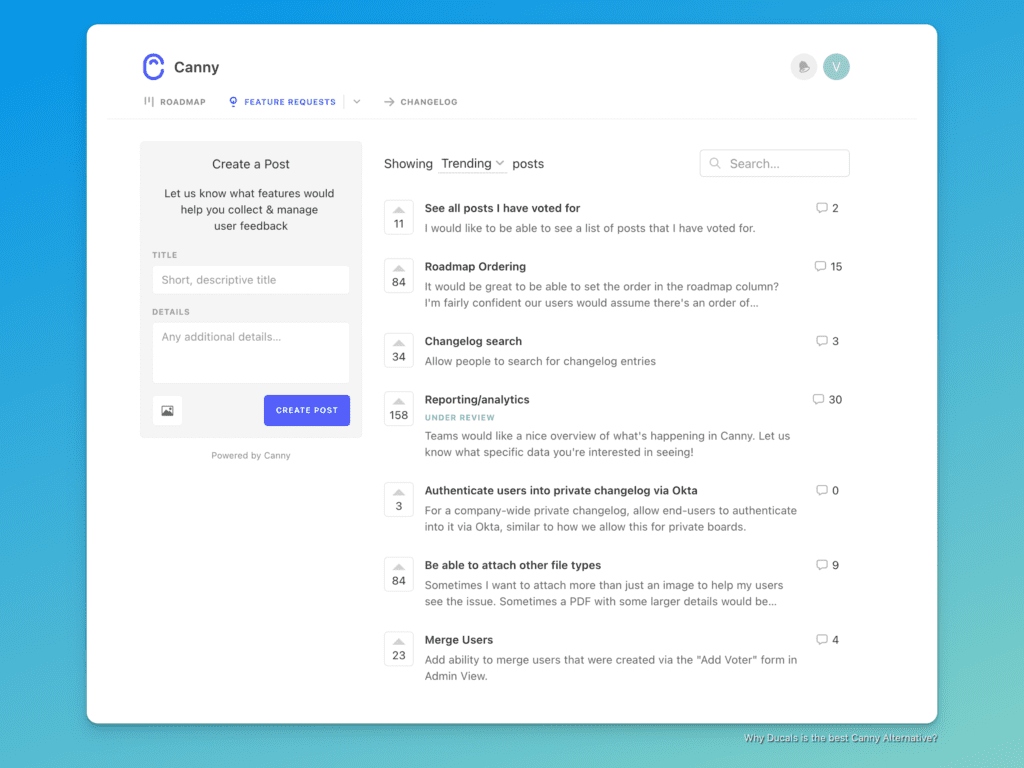 Доска запросов функций Canny, показывающая отдельные экраны для разных функций