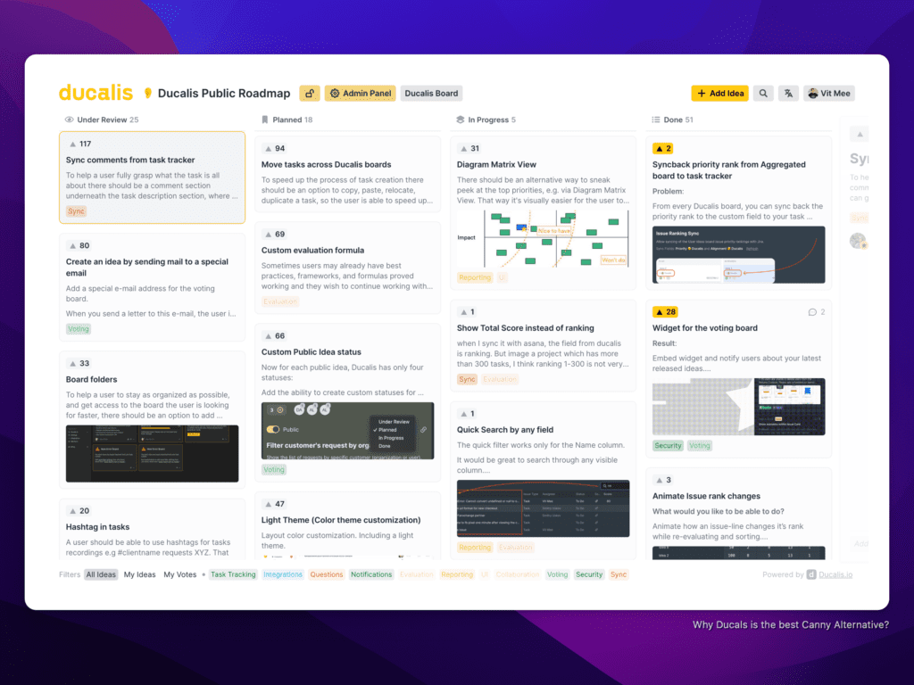 Доска голосования продукта со светлой темой, показывающая упрощённый интерфейс